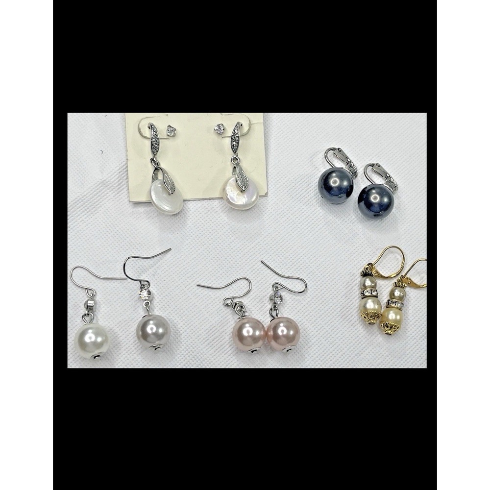 Pearl Dangle Earrings Lot 5 Pairs White Pink Gray Silver Gold Tone CZ Rhinestone